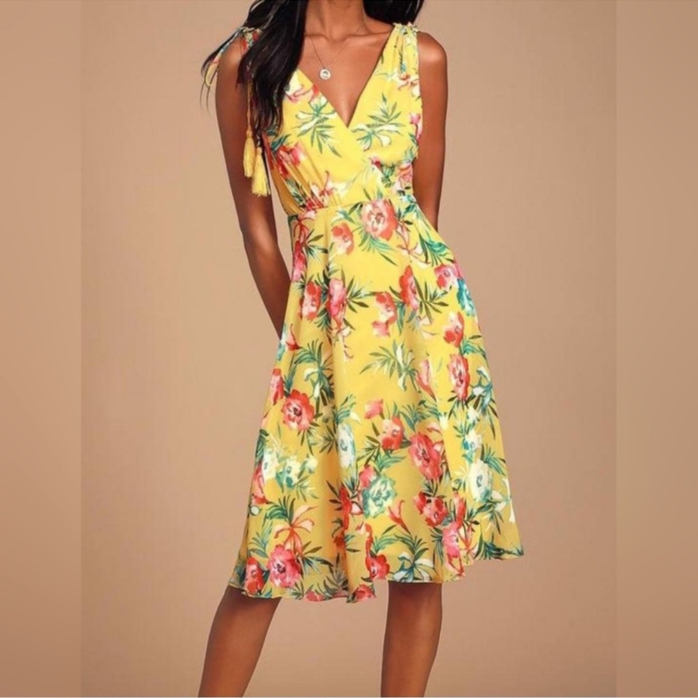 Lulu's Tropic Wonder Yellow Floral Midi Dress Womens Size Large - Picture 4 of 16